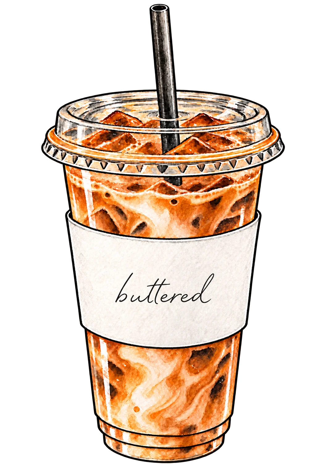 Illustrated iced coffee with the buttered logo on its sleeve